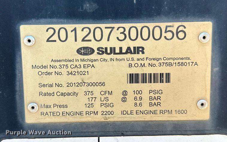 image for item OC9102 2012 Sullair 375  air compressor