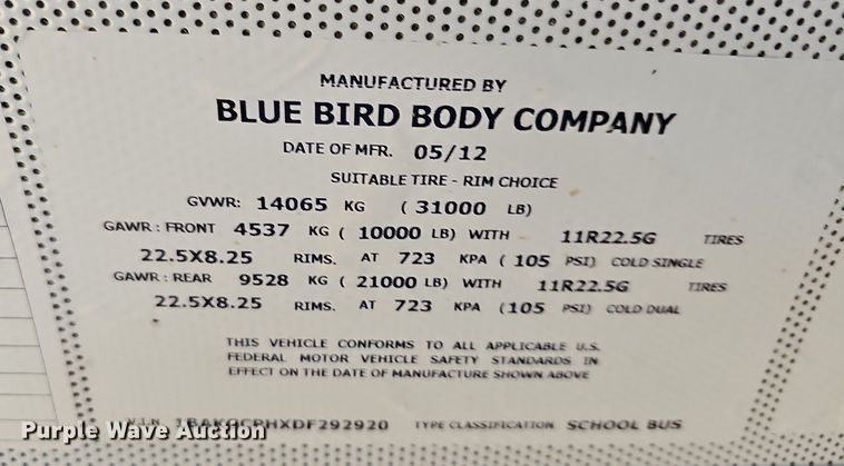 image for item DK1946 2013 Blue Bird Vision  school bus