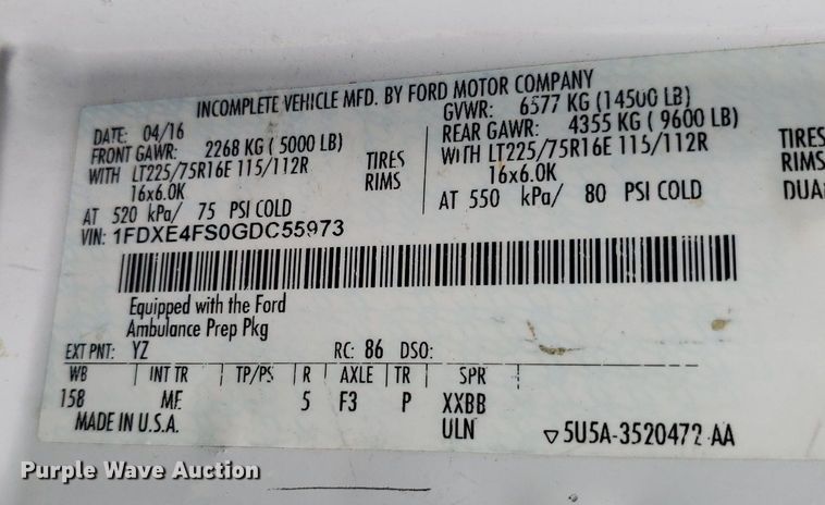 image for item DK7418 2016 Ford E450  ambulance