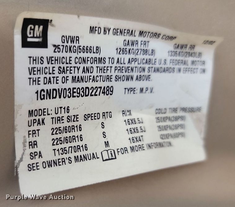 image for item DQ7519 2003 Chevrolet Venture  van