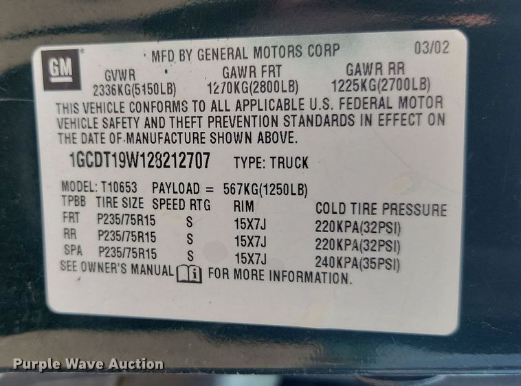 image for item DQ7523 2002 Chevrolet S10  Ext. Cab pickup truck