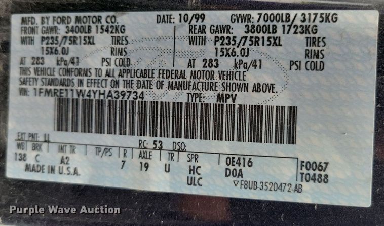 image for item JO9289 2000 Ford E150 XL  van