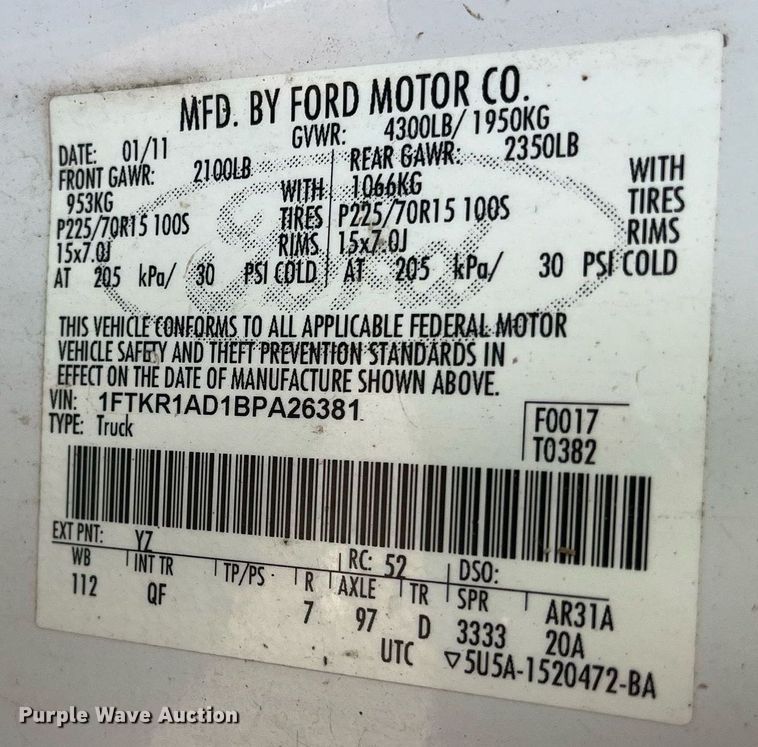 image for item LE9545 2011 Ford Ranger  pickup truck