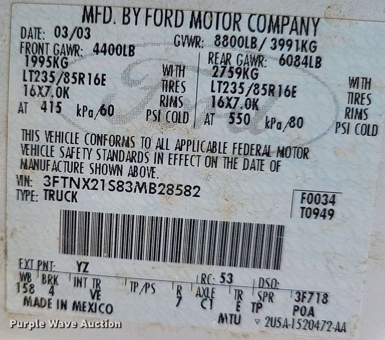 image for item LS9596 2003 Ford F250 Super Duty XL  SuperCab pickup truck