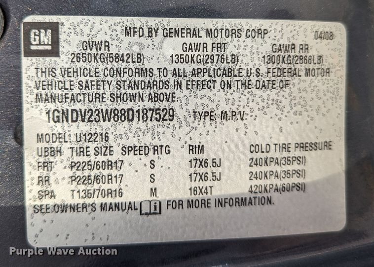 image for item MY9834 2008 Chevrolet Uplander  van