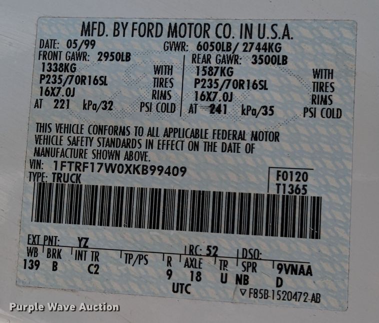 image for item MY9836 1999 Ford F150  pickup truck