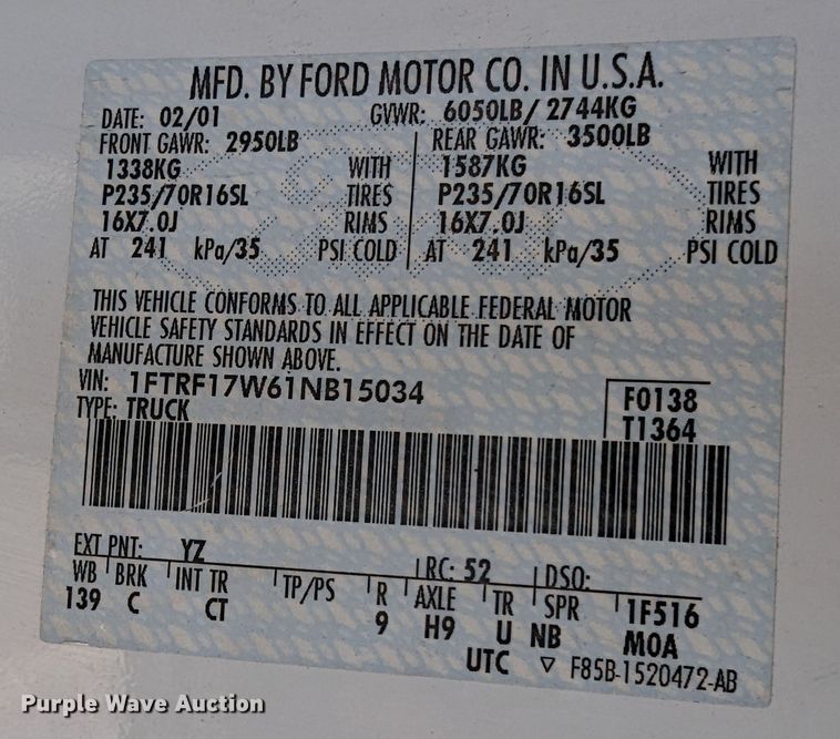 image for item MY9837 2001 Ford F150  pickup truck