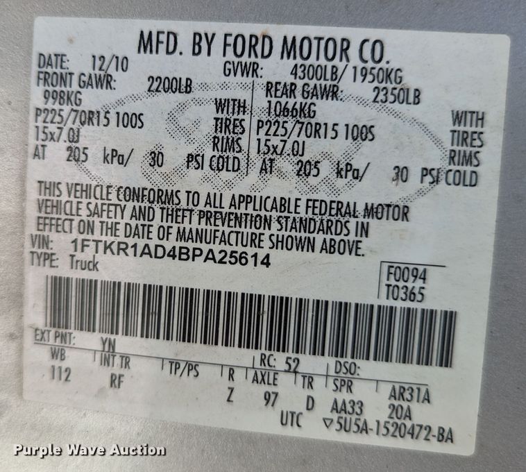 image for item MY9838 2011 Ford Ranger  pickup truck