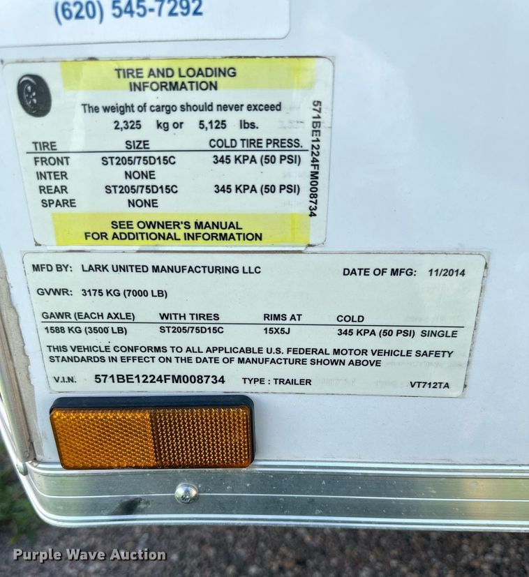 image for item NM9435 2015 Lark United Manufacturing  enclosed cargo trailer