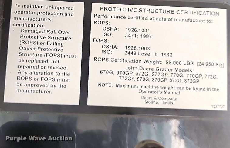 image for item NT9751 2012 John Deere 770G  motor grader