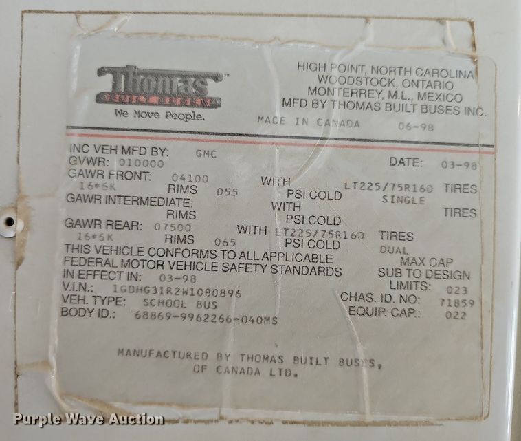 image for item NU9016 1998 GMC Savana 3500  school bus