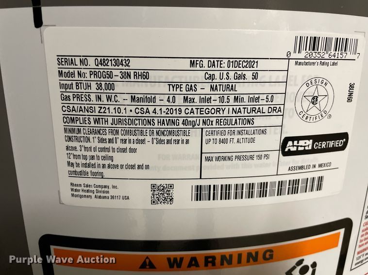 image for item NY9586 (3) Rheem PROG50-38N NH60 hot water heaters