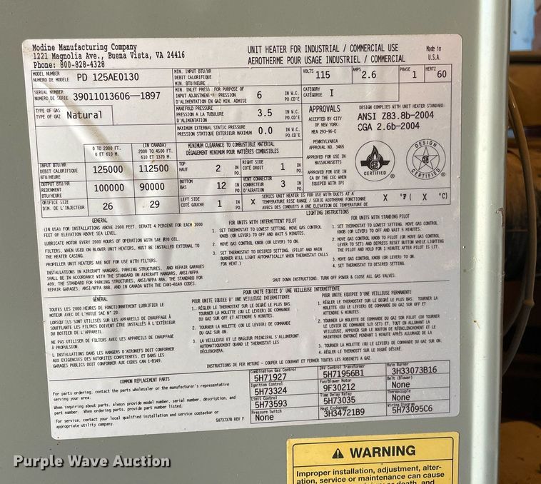 image for item NY9590 Modine PD125AE0130  furnace
