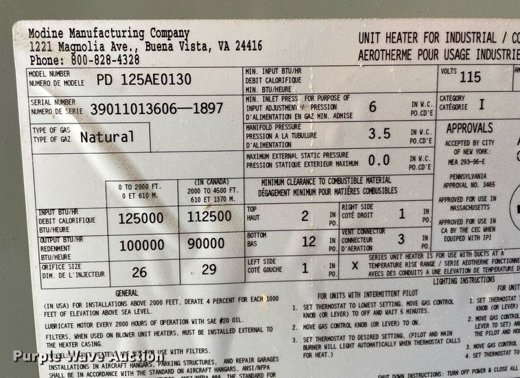 image for item NY9590 Modine PD125AE0130  furnace