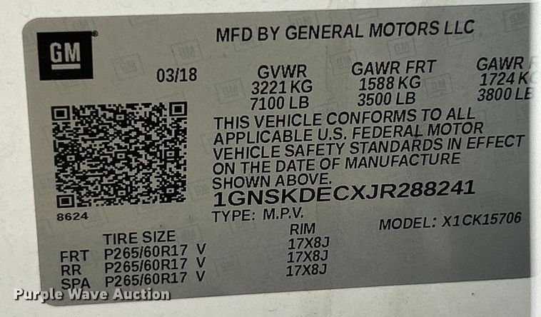 image for item OK9725 2018 Chevrolet Tahoe Police  SUV