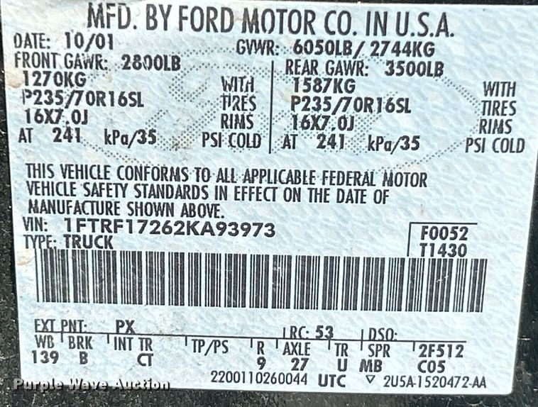 image for item OK9748 2002 Ford F150 XL  pickup truck