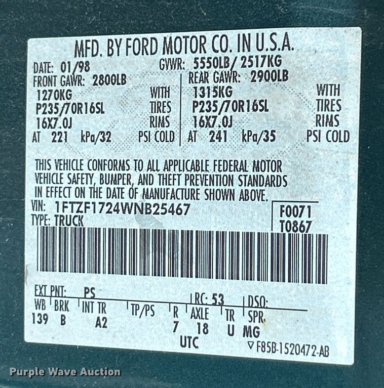 image for item OK9751 1998 Ford F150  pickup truck