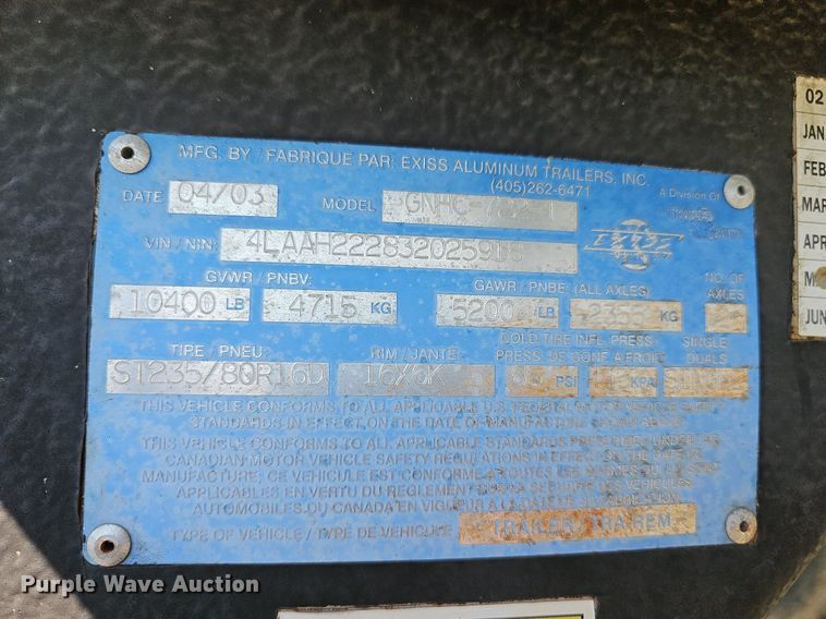 image for item DN8622 2003 Exiss Limited GNHC722T  horse trailer