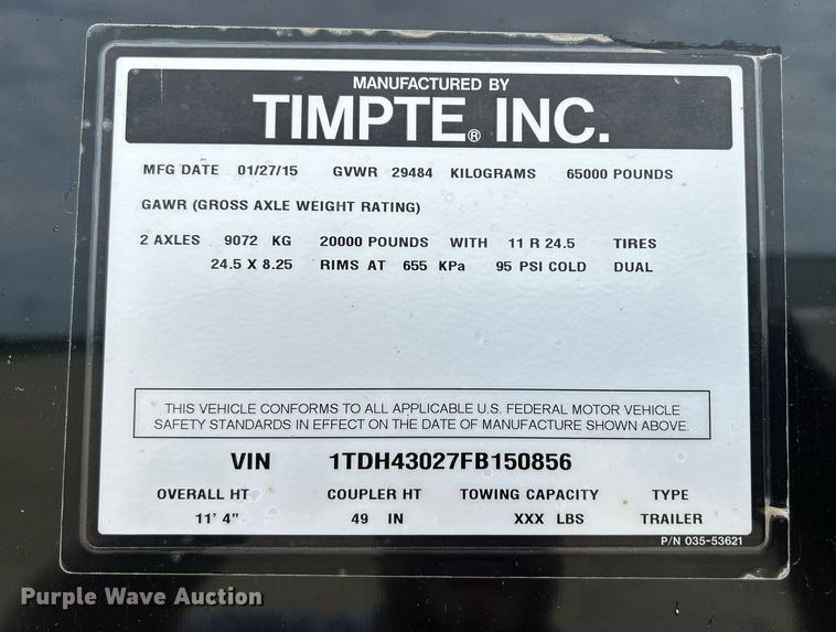 image for item DQ0870 2015 Timpte 4368  grain trailer