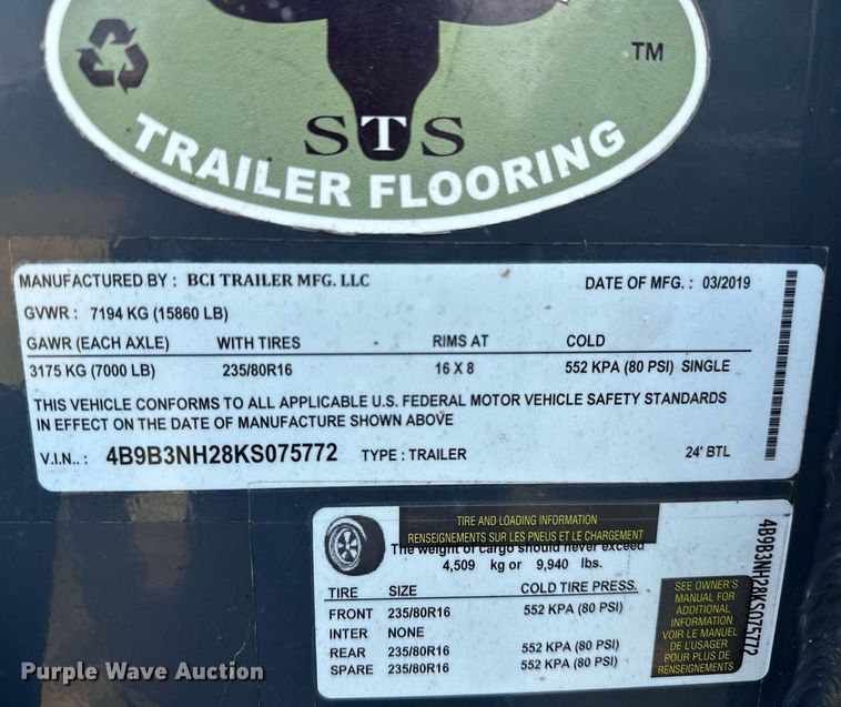 image for item OC9034 2019 BCI  livestock trailer