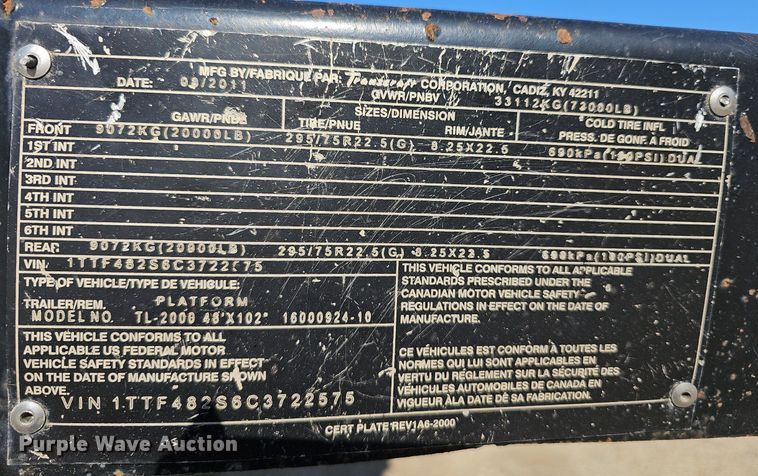 image for item DN8620 2012 Transcraft TL2000  flatbed trailer