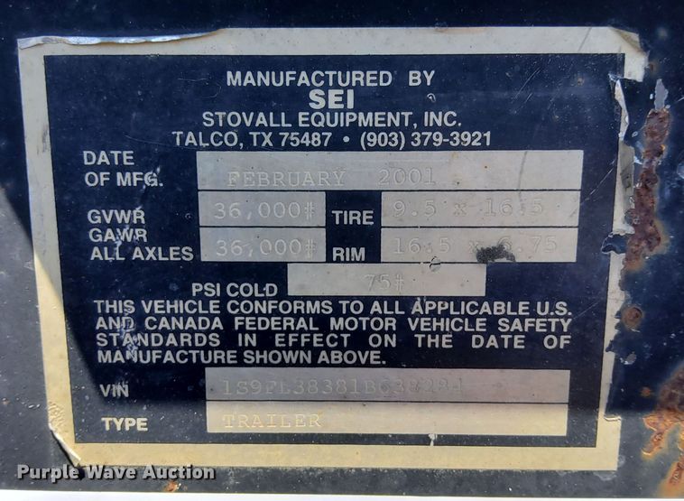 image for item DP3327 2001 SEI  equipment trailer