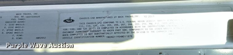 image for item DS2058 2004 Mack CV713 Granite  semi truck