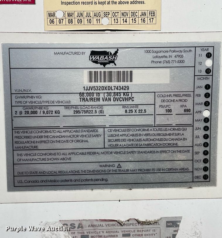 image for item LJ9704 2013 Wabash  dry van trailer