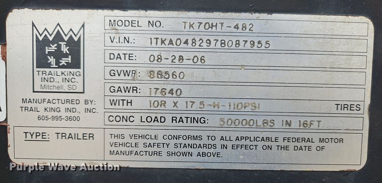 image for item LM9055 2007 Trail King TK70HT-482  drop deck equipment trailer