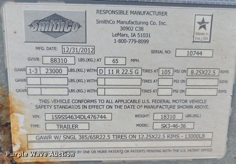 image for item LQ9058 2013 Smithco  side dump trailer