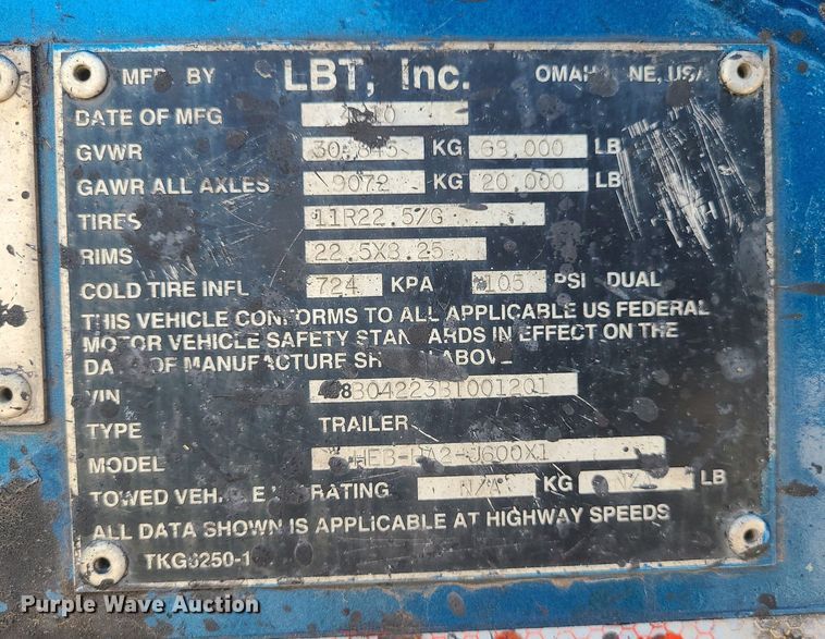 image for item MG9611 2011 LBT Inc HEB-HA2-J600X1  tank trailer