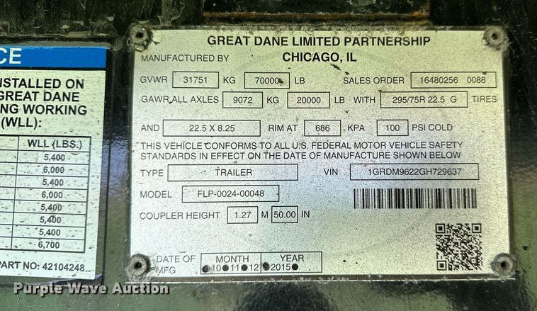 image for item OC9111 2016 Great Dane  flatbed trailer