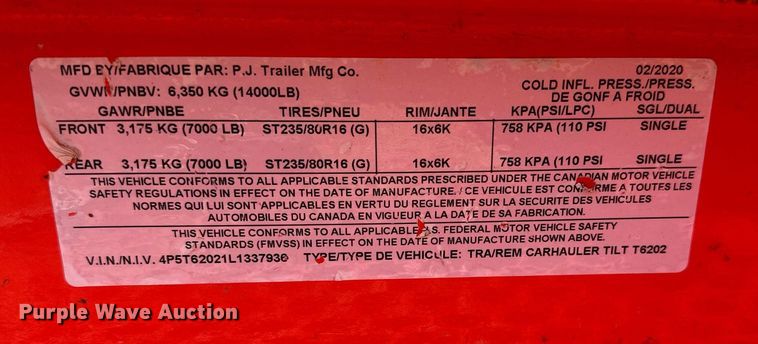 image for item DM0319 2020 PJ T6202 tilt deck utility trailer