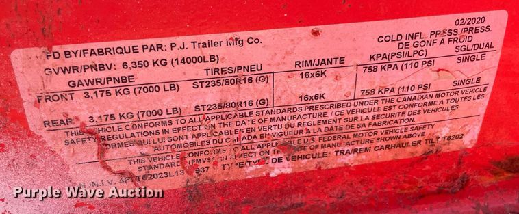 image for item DM0320 2020 PJ T6202 tilt deck utility trailer