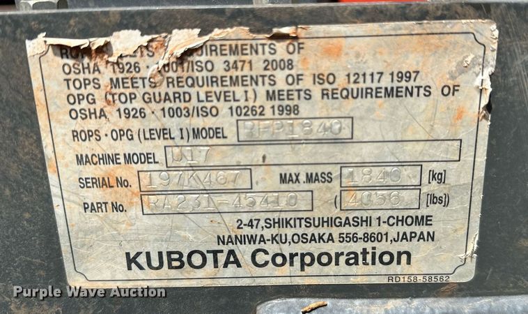 image for item DM0323 2019 Kubota  U17 mini excavator