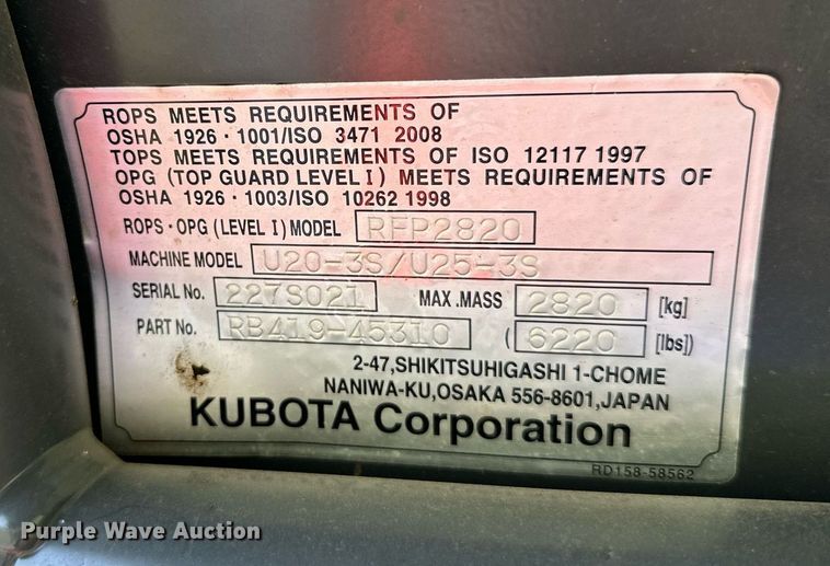 image for item DM0325 2020 Kubota  U25  mini excavator