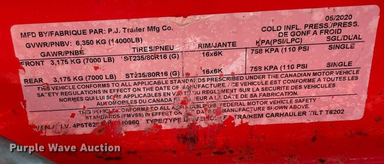 image for item DM0334 2020 PJ T6202 tilt deck utility trailer
