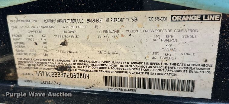 image for item DM0335 2021 Orange Line EQ14-17+3 utility trailer