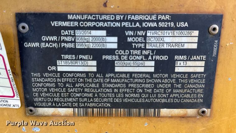 image for item DM0341 2014 Vermeer BC700XL wood chipper