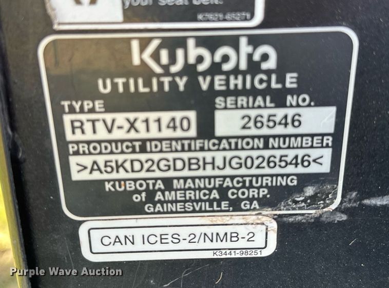 image for item DM0346 2018 Kubota  RTV X1140 utility vehicle