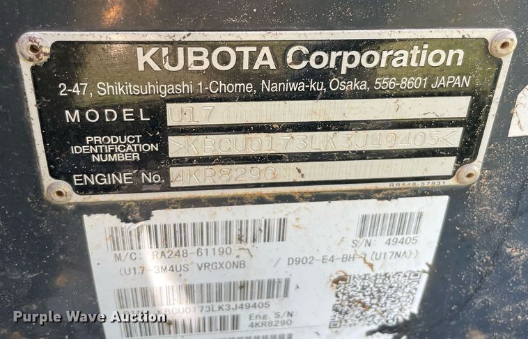 image for item DM0347 2019 Kubota  U17 mini excavator