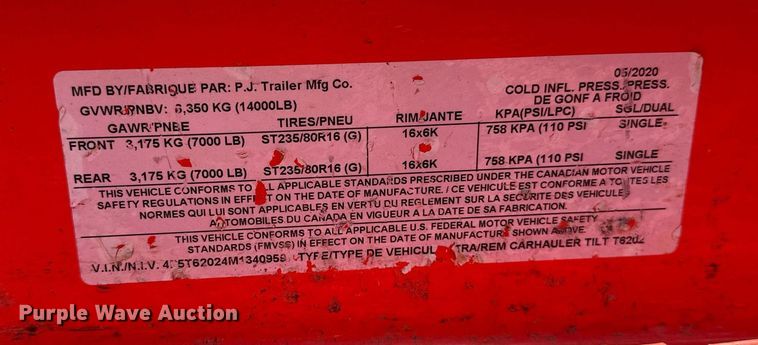 image for item DM0351 2021 PJ T6202 tilt deck utility trailer