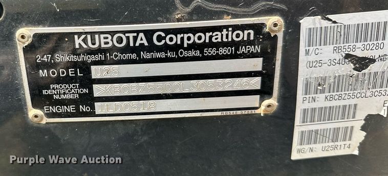 image for item DM0354 2020 Kubota  U25 mini excavator