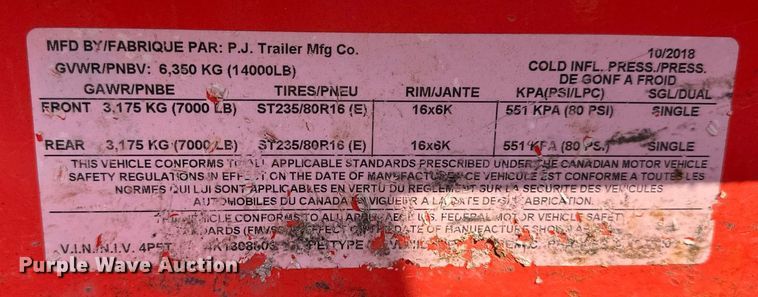 image for item DM0363 2019 PJ T6202 tilt deck utility trailer