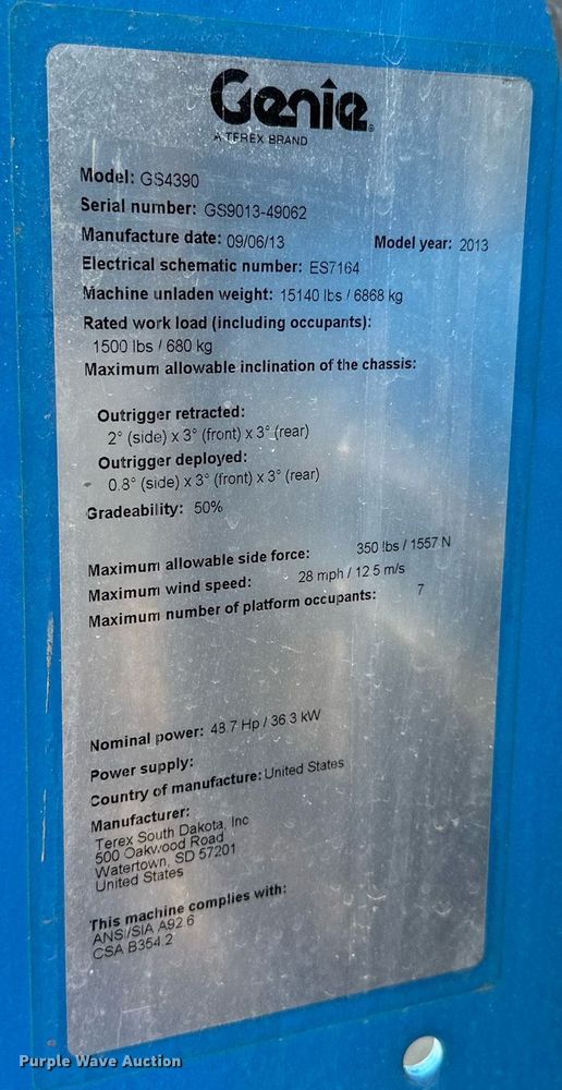 image for item DP3172 2013 Genie GS-4390  scissor lift