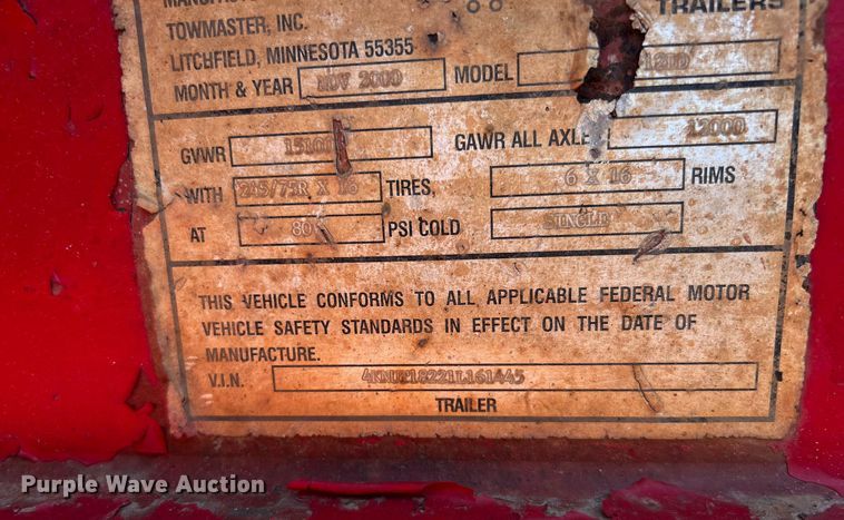 image for item DI7922 2001 Towmaster  utility trailer