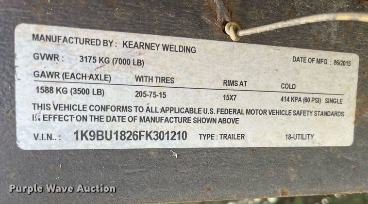 image for item DI8743 2016 Kearney  utility trailer
