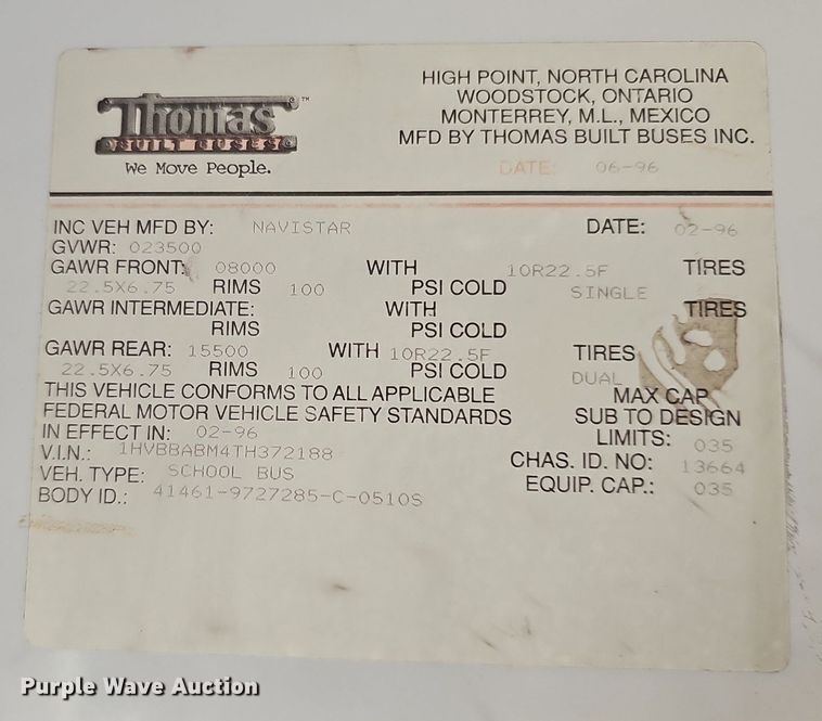 image for item DQ0119 1996 Thomas Built 3800  school bus