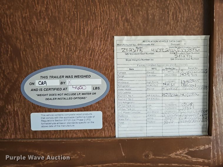 image for item DQ0127 2015 CrossRoads ZT231FB15  camper