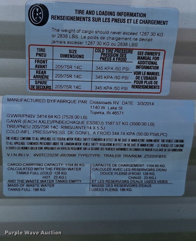 image for item DQ0127 2015 CrossRoads ZT231FB15  camper